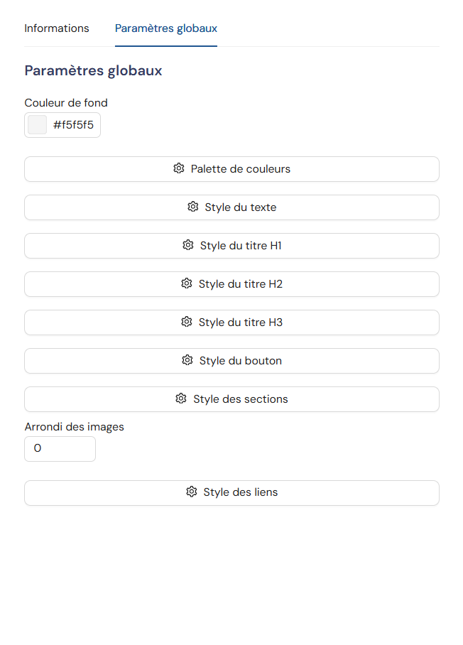 Paramètres globaux du message : couleurs, styles de texte, titres, boutons et liens