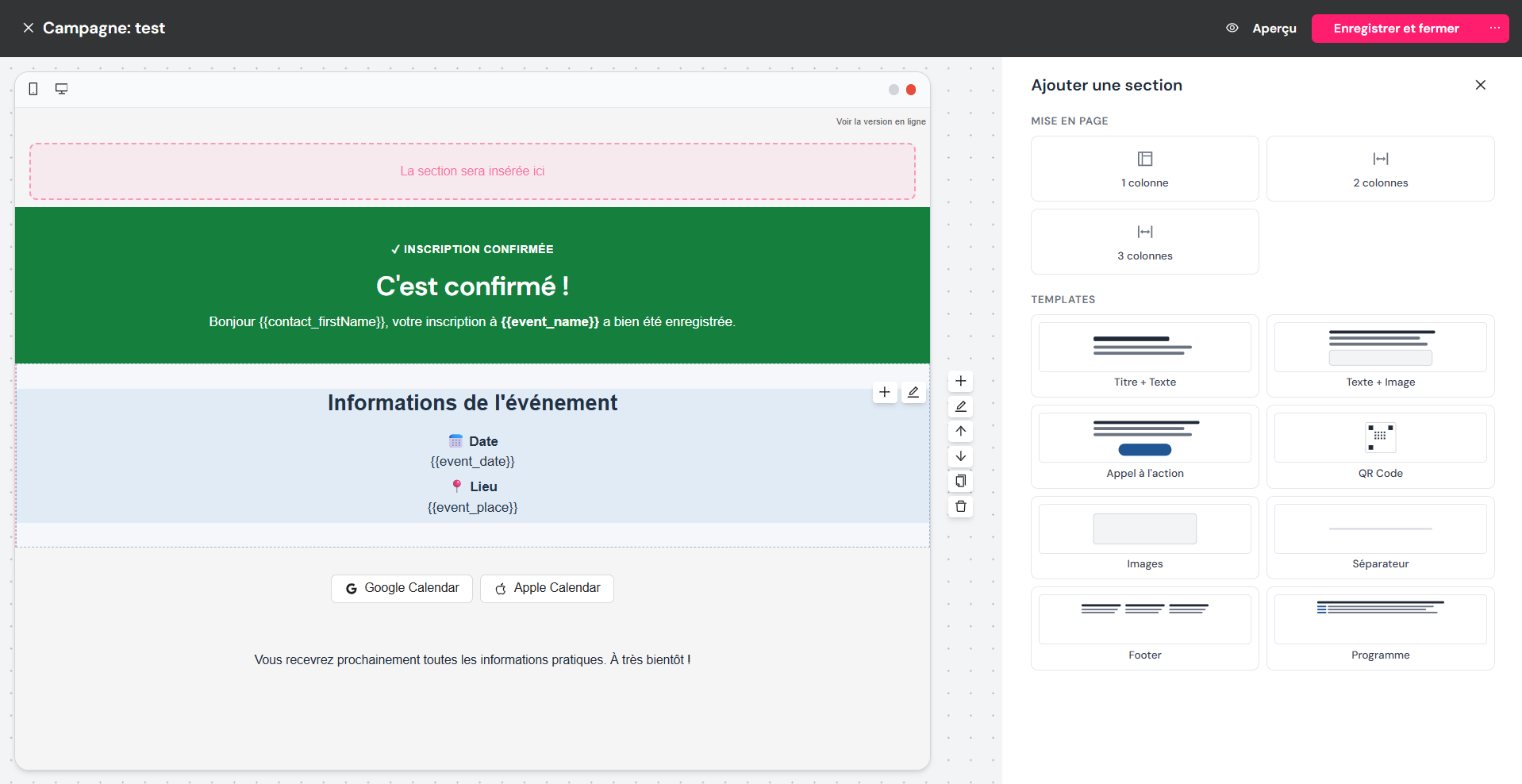 Panneau « Ajouter une section » : mises en page et modèles