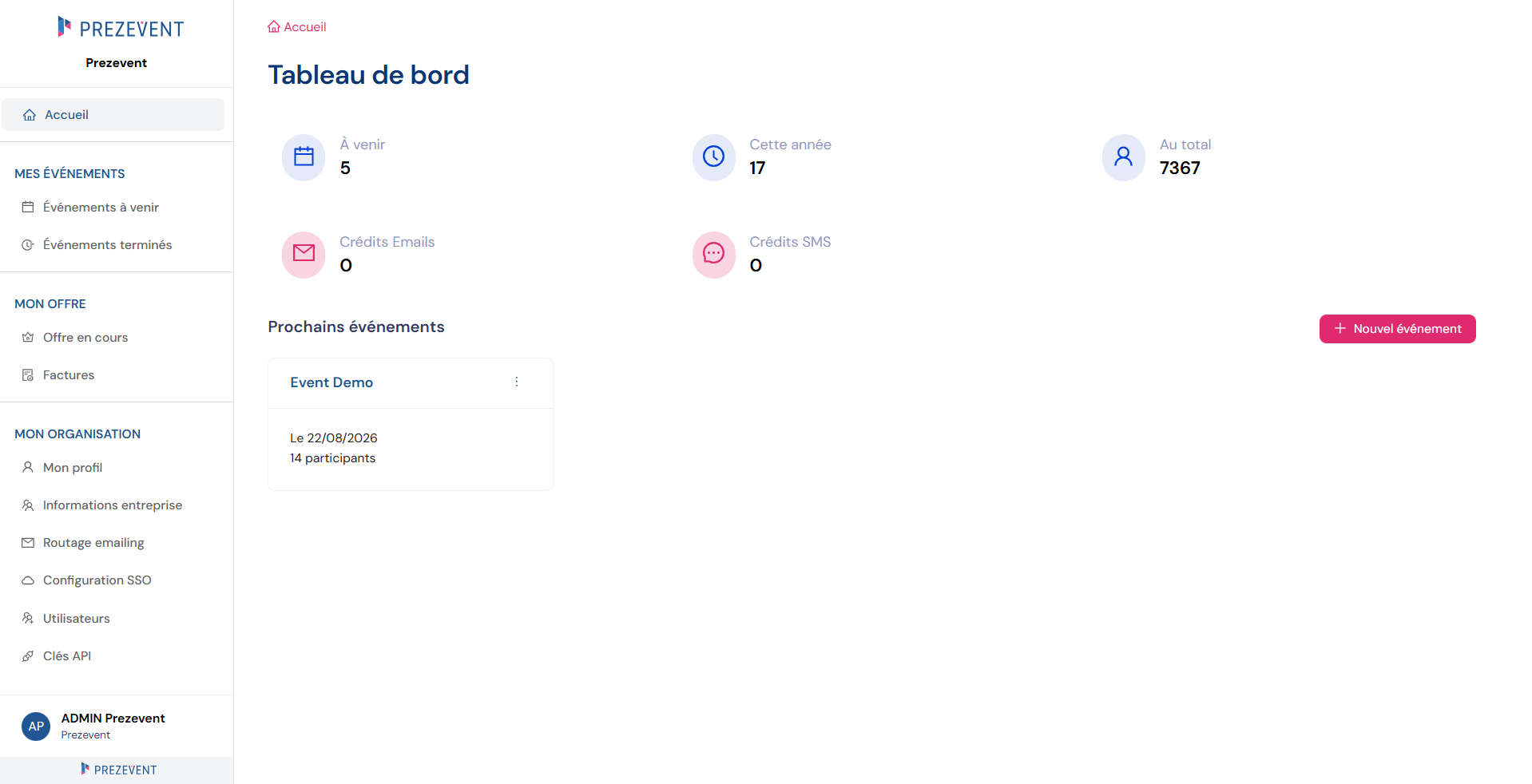 Tableau de bord Prezevent avec le bouton « Nouvel événement »