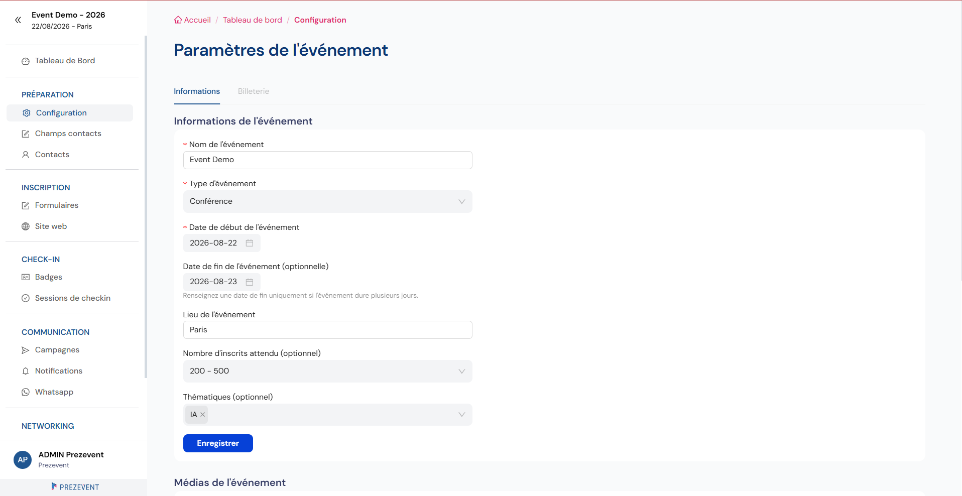 Formulaire d'informations générales d'un événement (nom, dates, lieu)