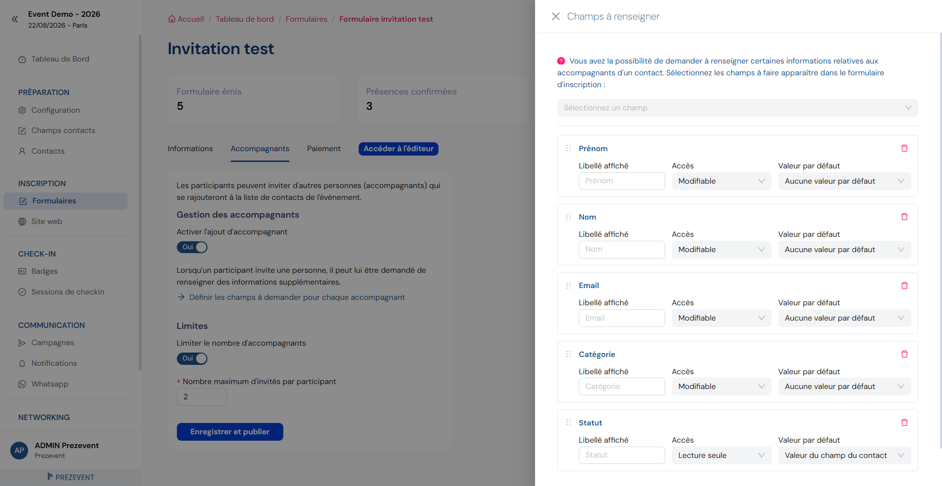 Réglages d'activation des accompagnants et quota par participant