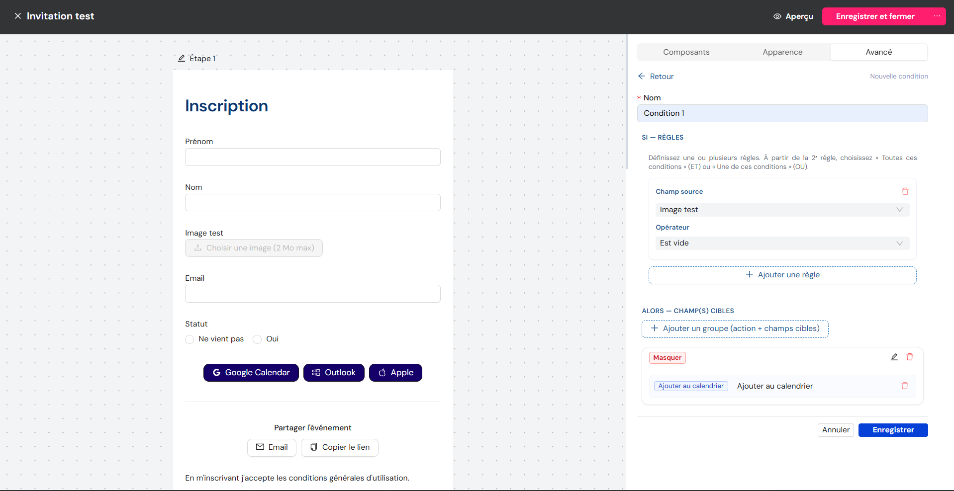 Configuration d'une règle conditionnelle : conditions et action