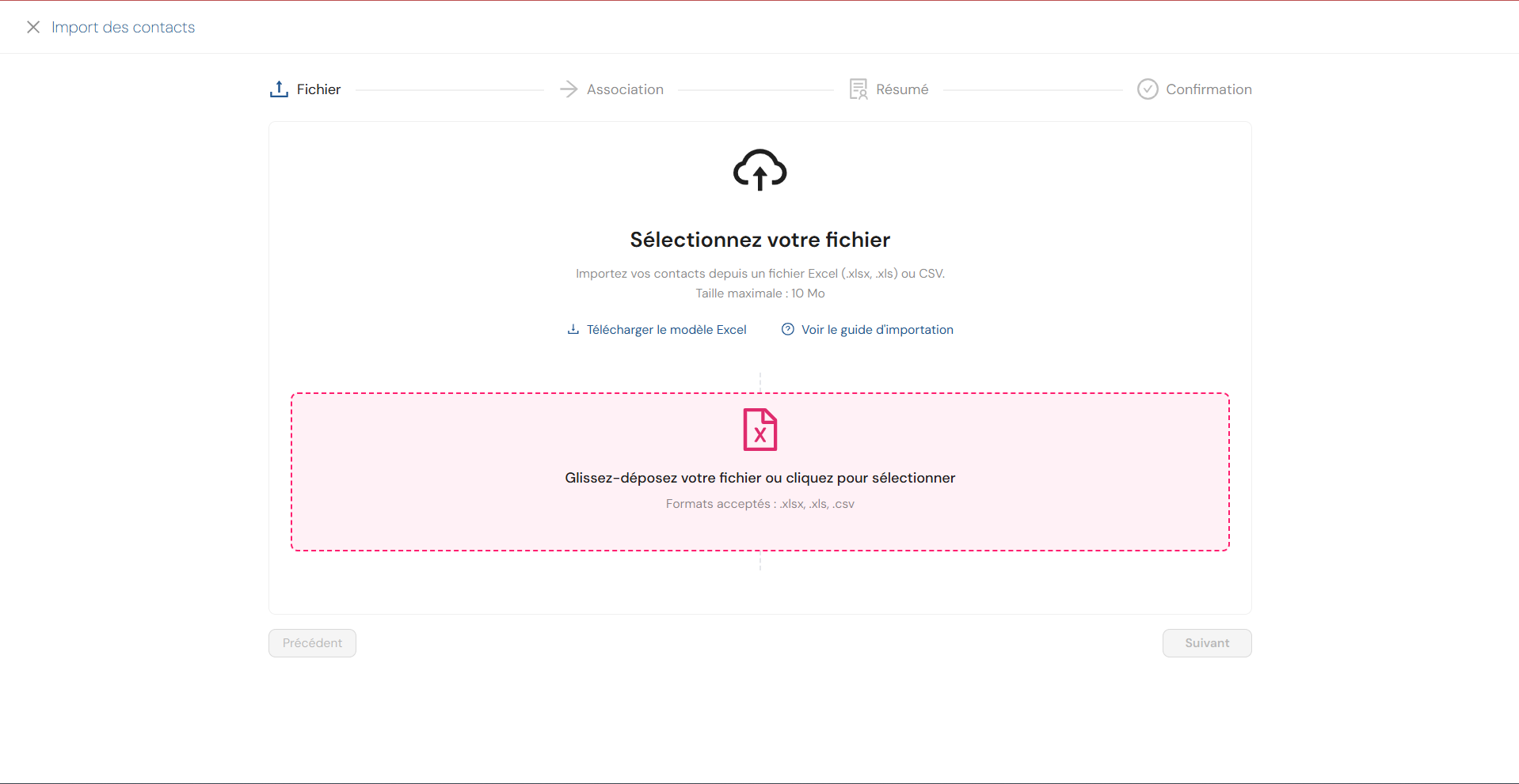 Étape 1 de l'import : sélection du fichier Excel ou CSV