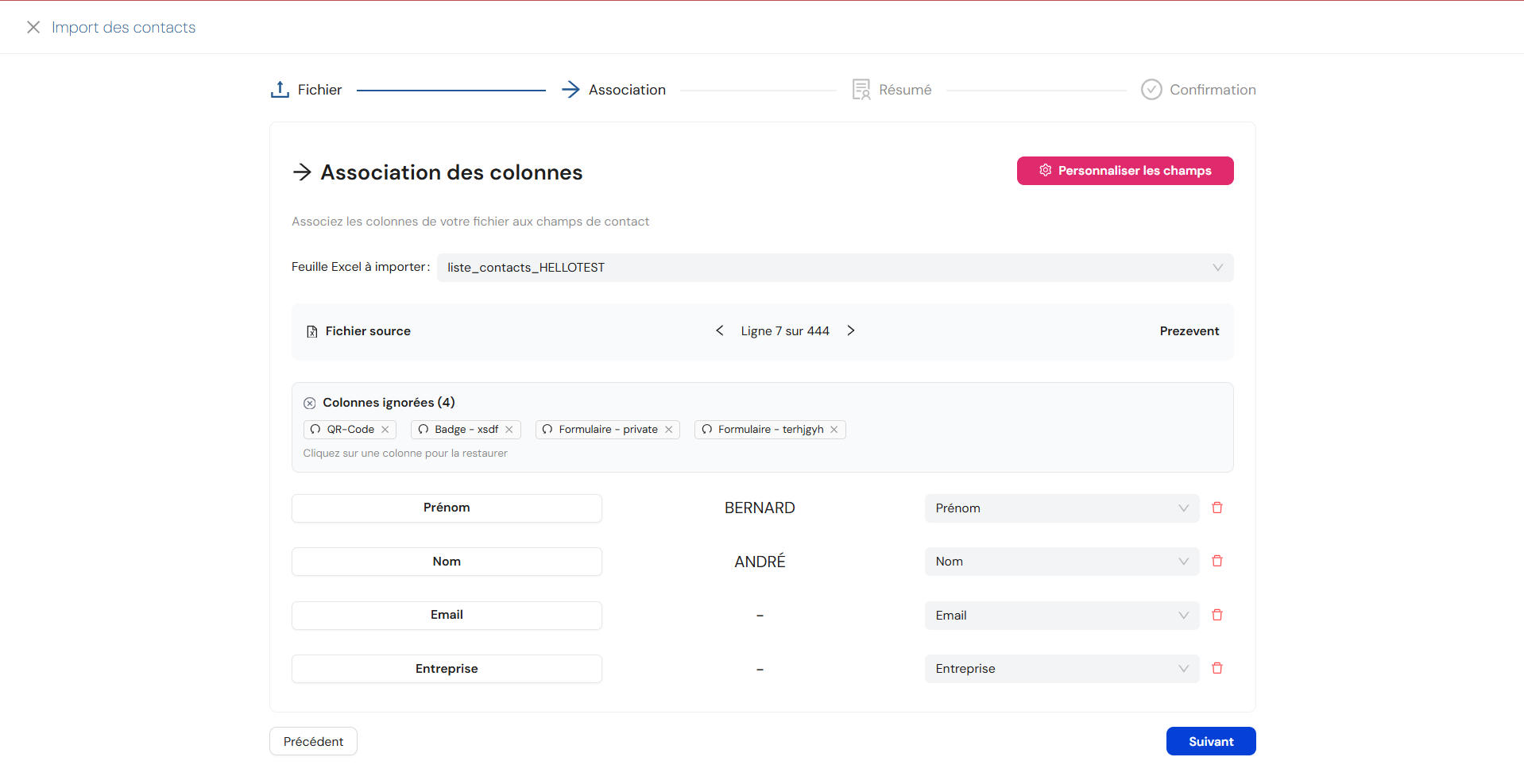 Étape 2 de l'import : association des colonnes du fichier aux champs de contact
