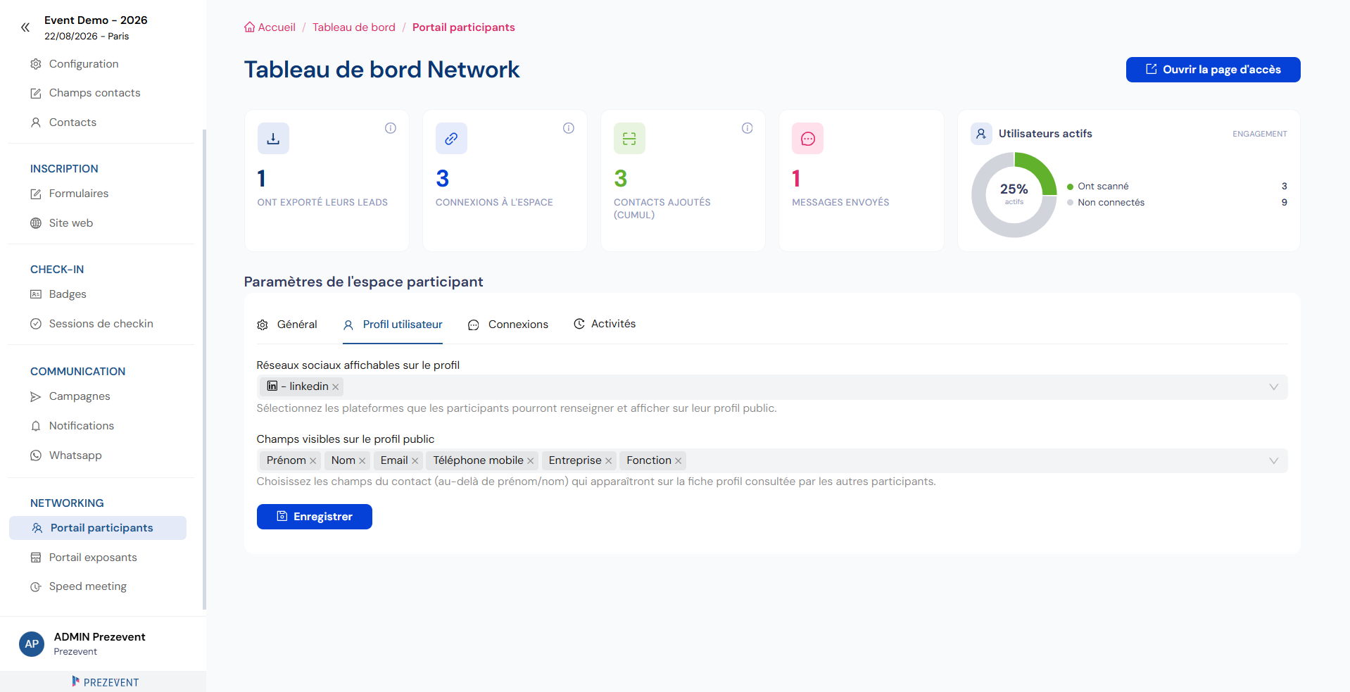 Configuration de l'espace participant : réseaux sociaux et champs visibles sur le profil public