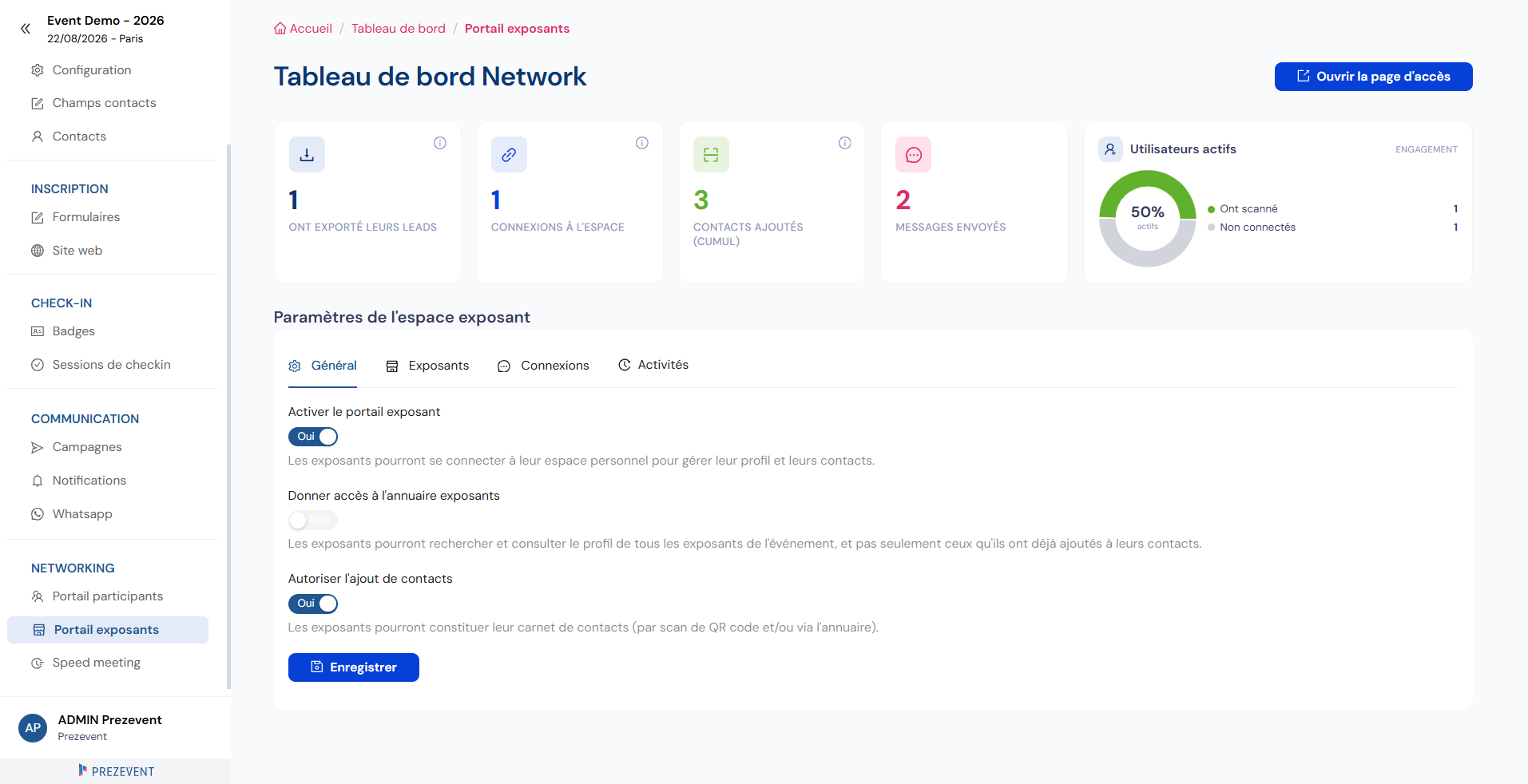 Espace exposant (vue organisateur) : paramètres du portail exposant