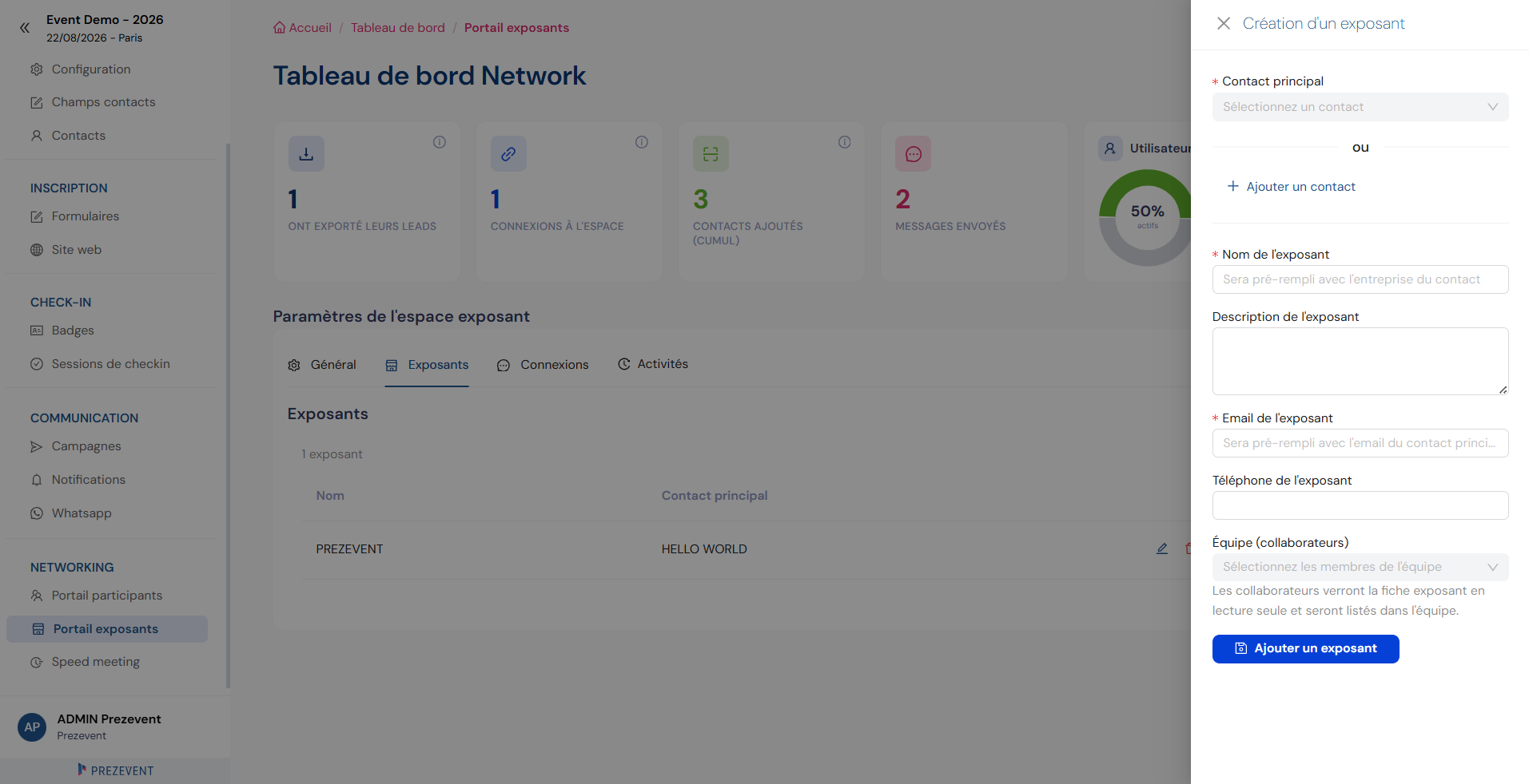 Création d'un exposant : contact principal, nom et équipe de collaborateurs