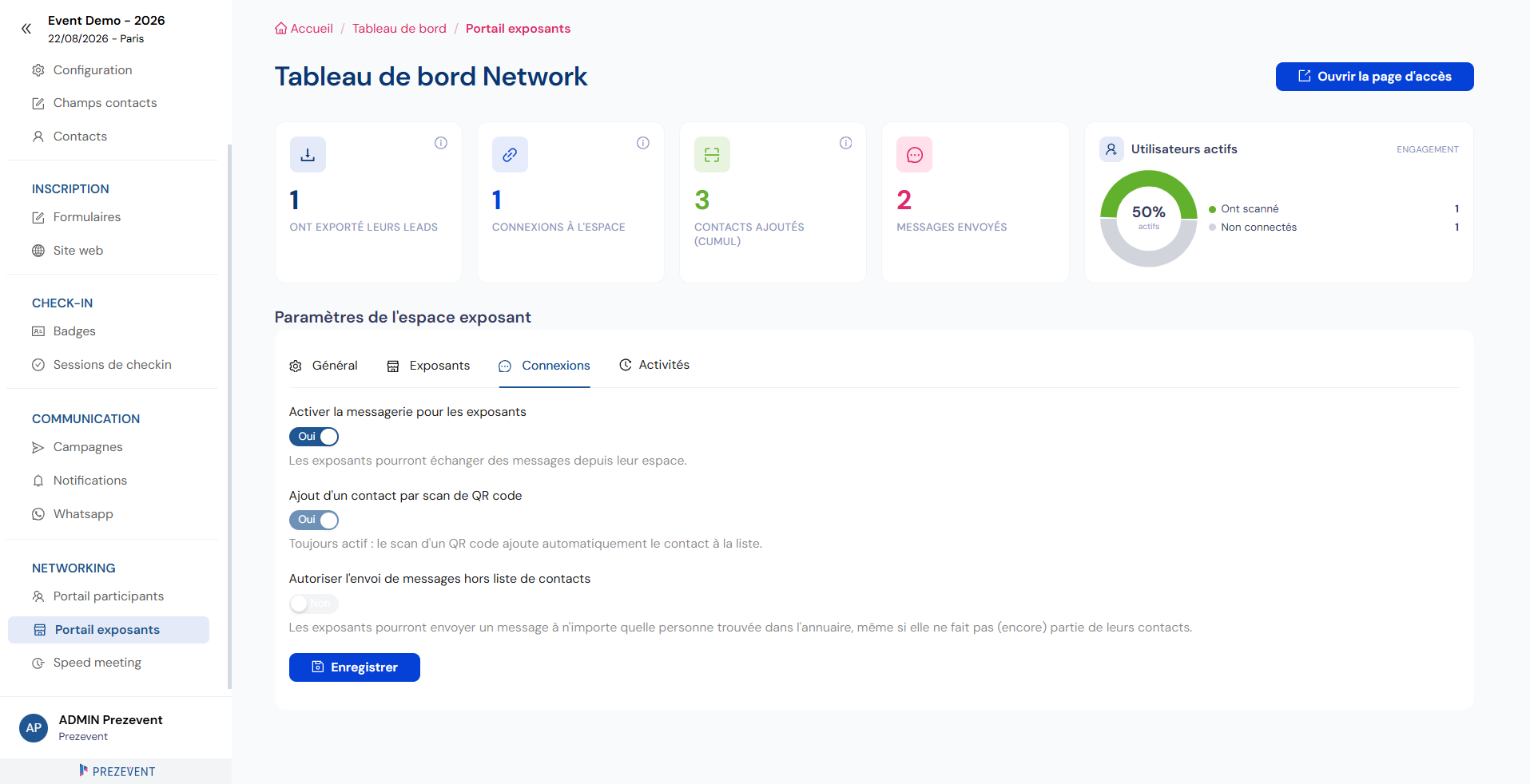 Connexions de l'espace exposant : messagerie et ajout de contacts par scan de QR