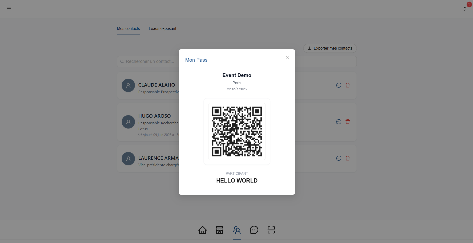 Le « Mon Pass » d'un participant : son QR code à faire scanner pour échanger ses coordonnées