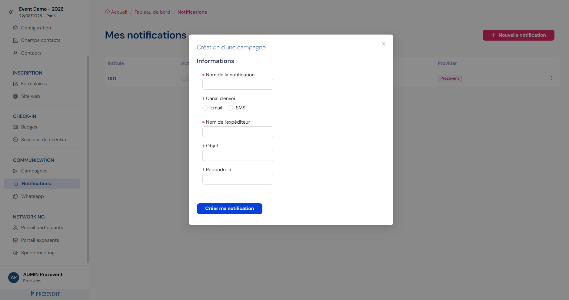 Création d'une notification : nom, canal (email ou SMS), expéditeur et objet