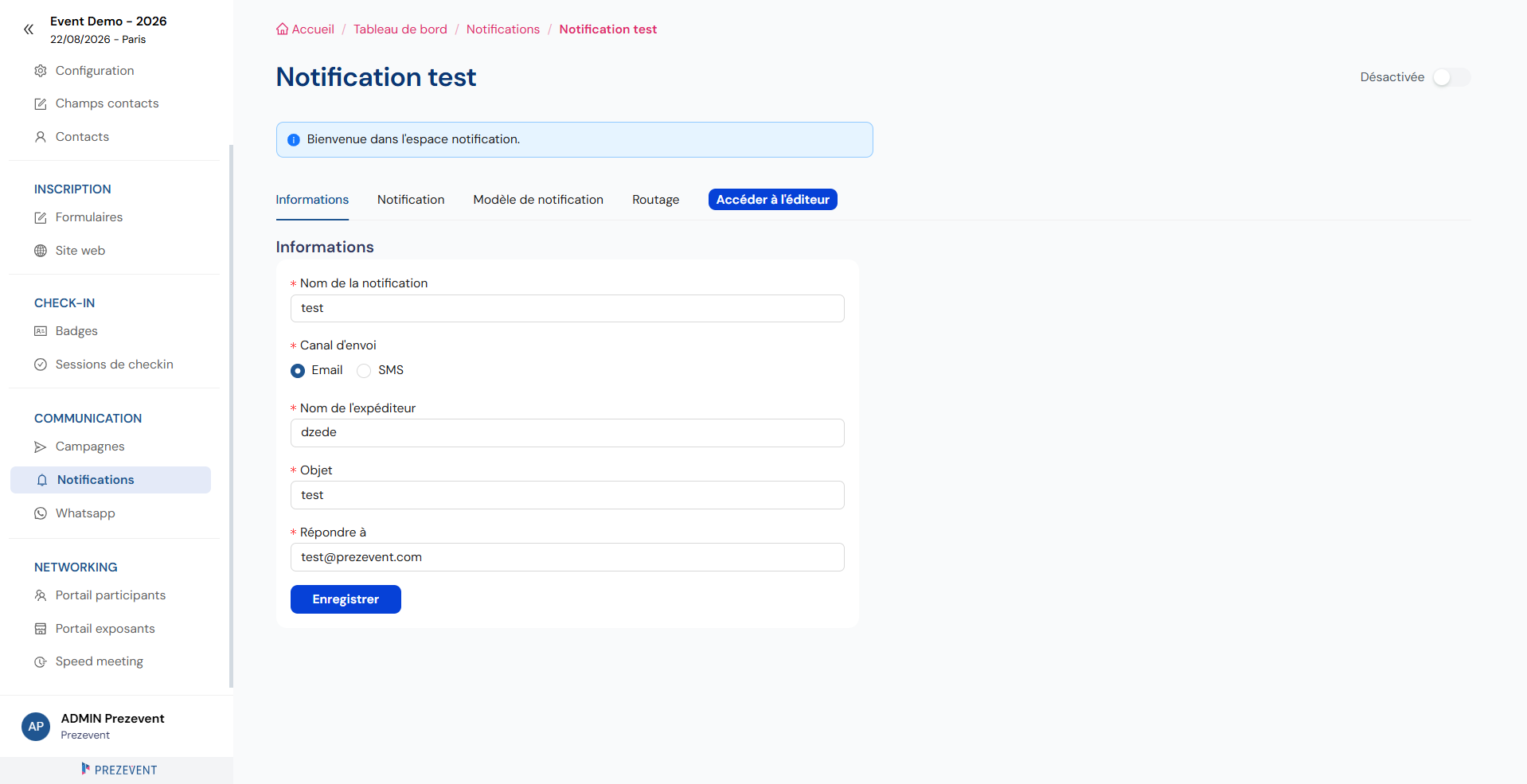 Onglet « Informations » d'une notification : canal, expéditeur, objet et adresse de réponse