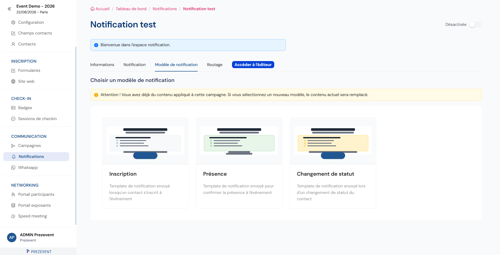 Modèles de notification : inscription, présence, changement de statut