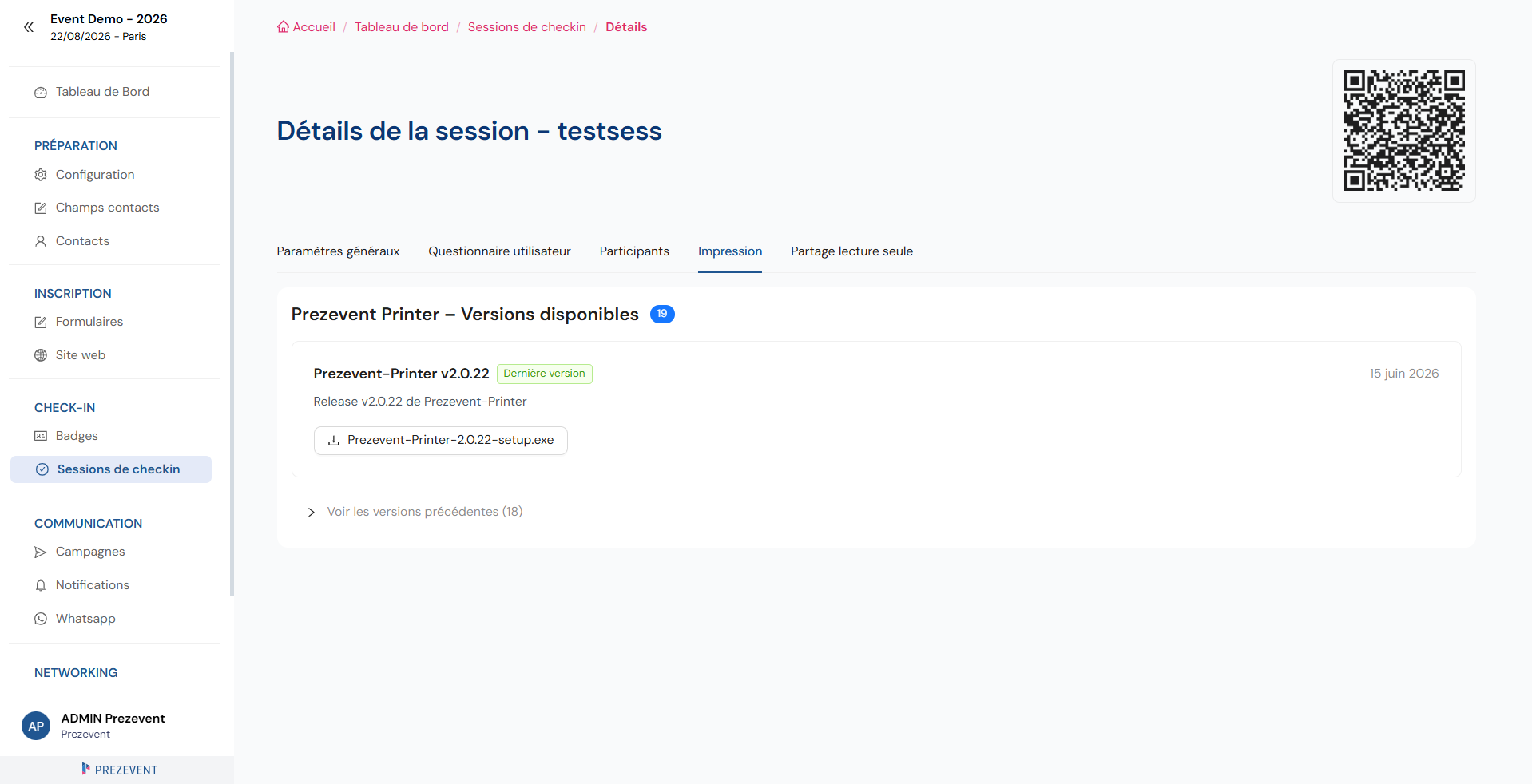 Téléchargement de l'application Prezevent Printer depuis l'onglet « Impression » d'une session de check-in