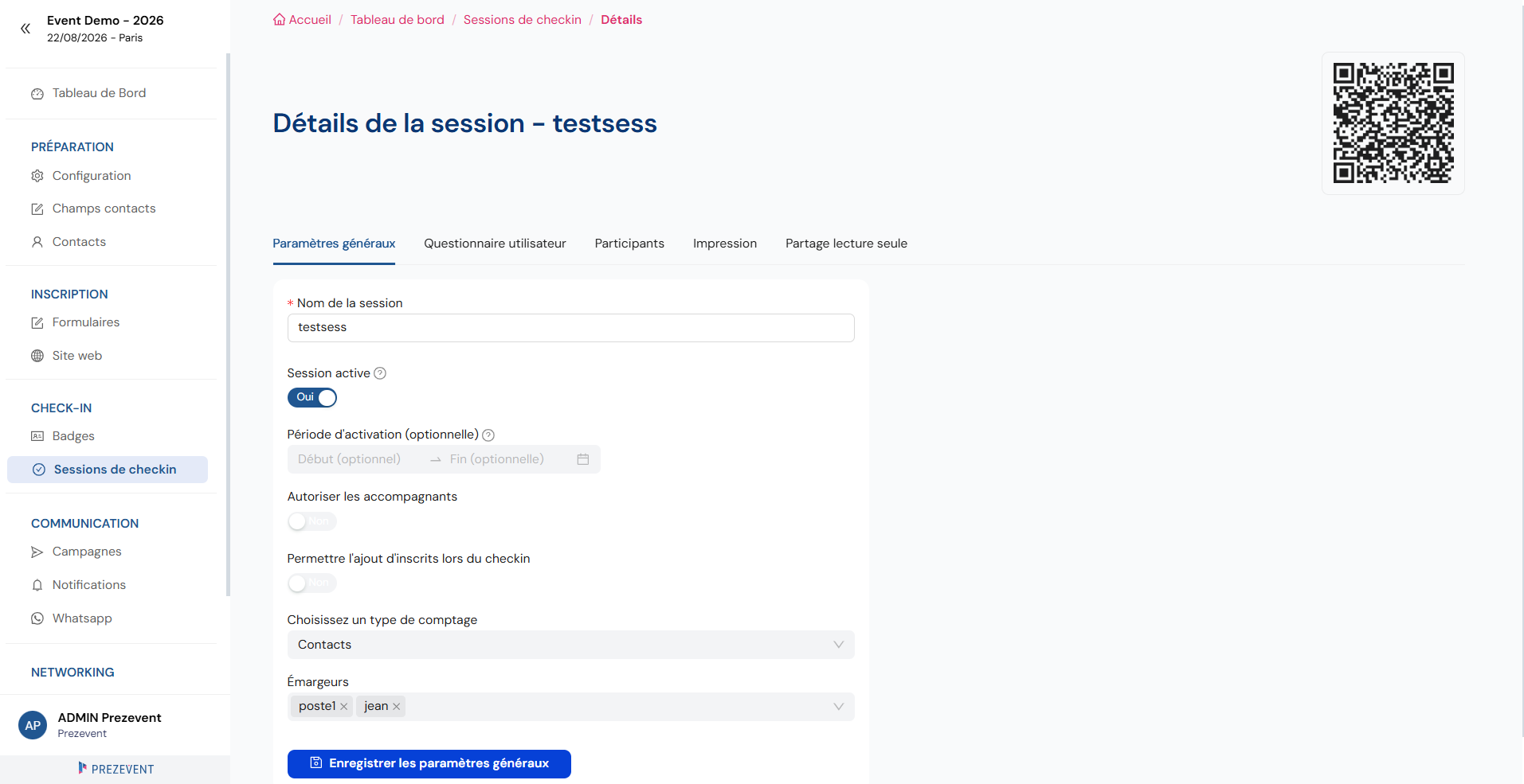 Détails d'une session de check-in : nom, activation, période, type de comptage et émargeurs