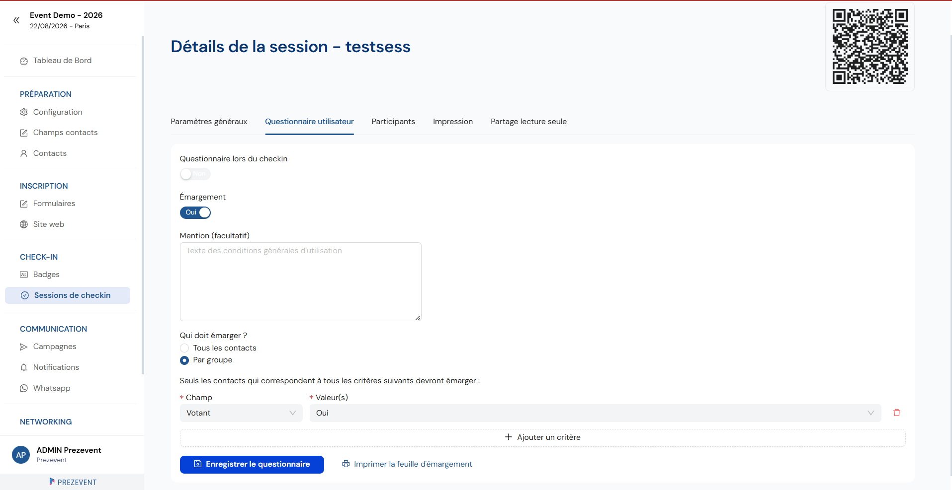 Configuration de l'émargement : qui doit émarger (tous ou par groupe) et texte de mention/CGU