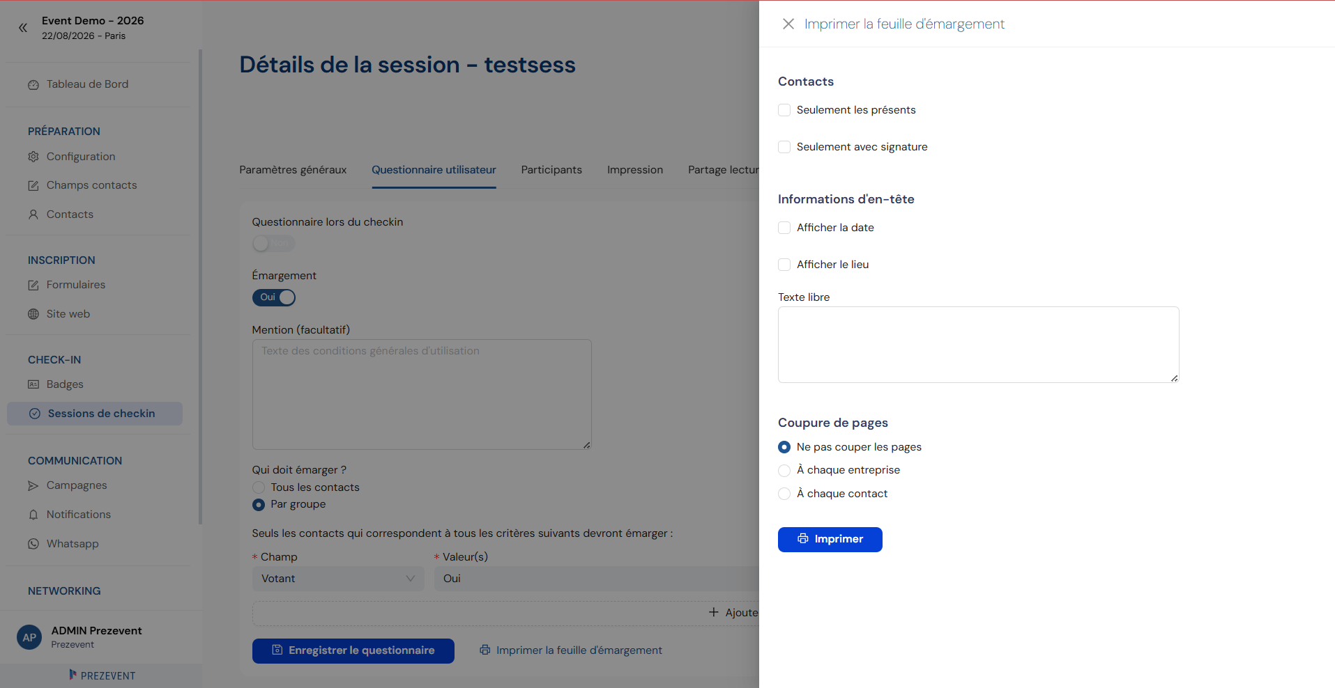 Impression de la feuille d'émargement : choix des contacts, en-tête et coupure de pages
