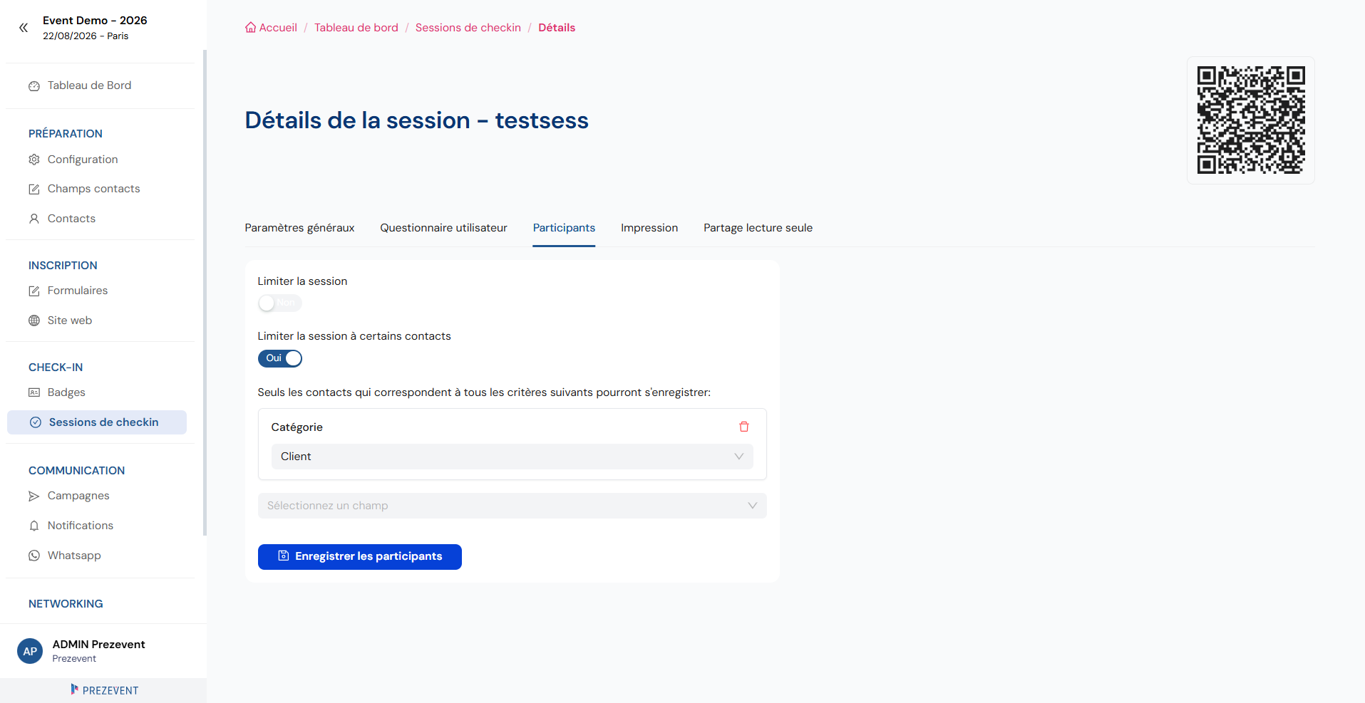Contrôle d'accès : limiter la session à certains contacts selon des critères (ex. catégorie)