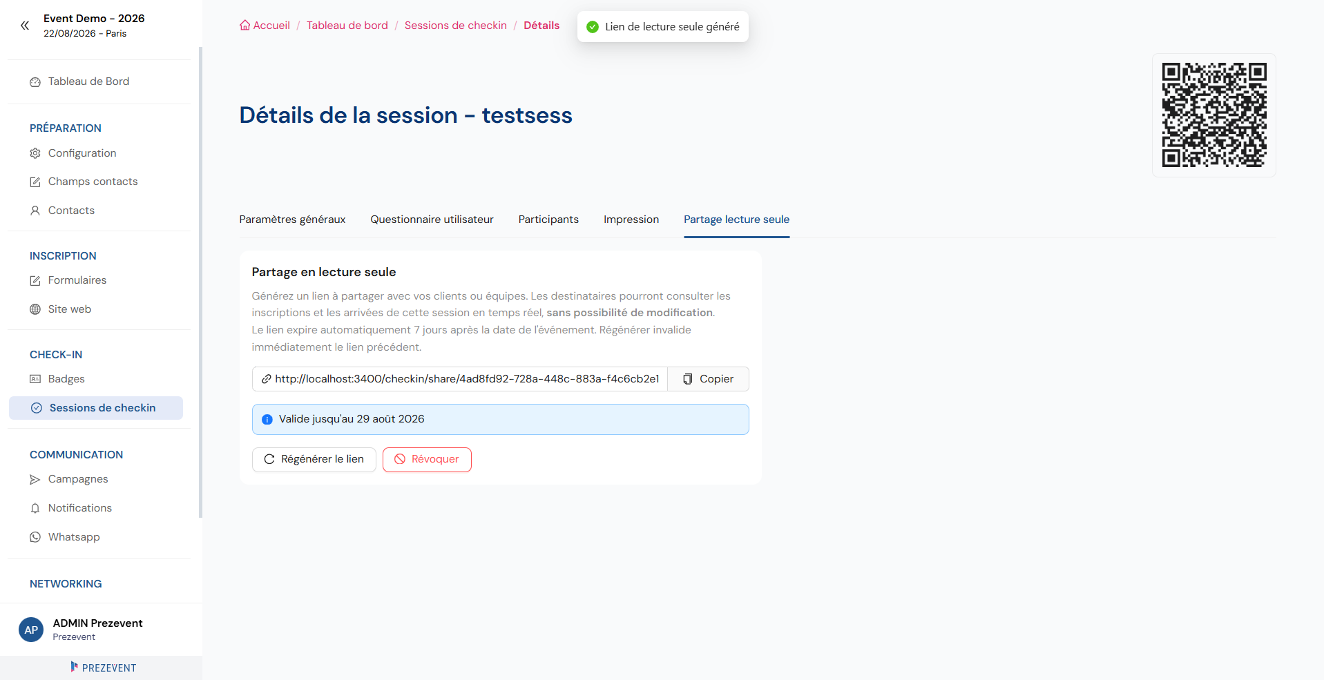 Partage d'une session en lecture seule : génération d'un lien temporaire