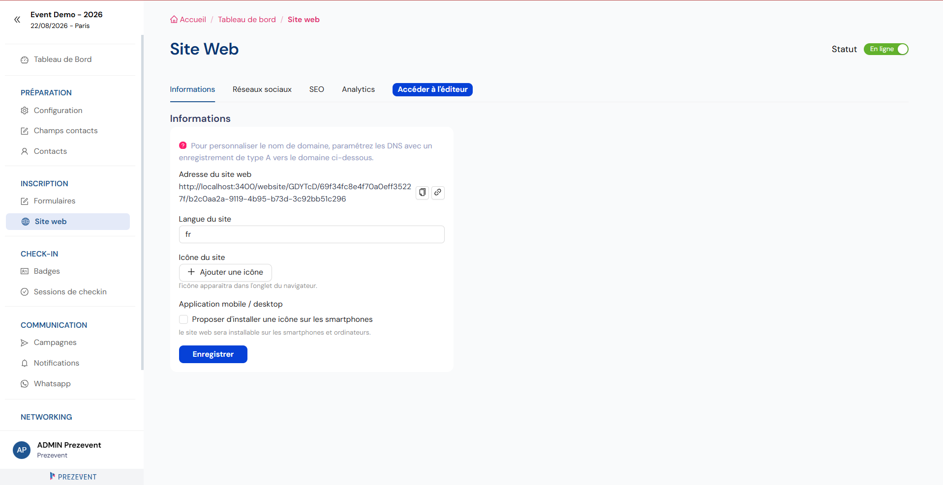 Réglages du site : statut en ligne, adresse, nom de domaine (DNS) et favicon