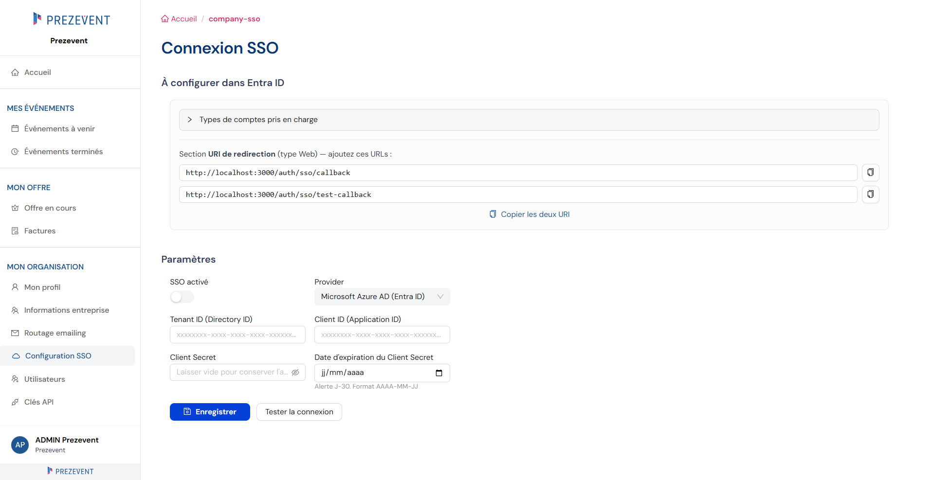 Configuration SSO de l'entreprise : fournisseur d'identité, identifiants et URL de redirection