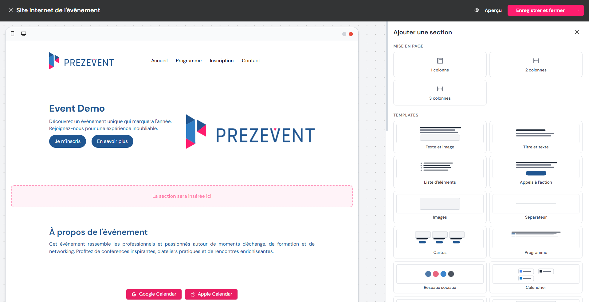 Ajout d'une section dans l'éditeur de site, avec sa mise en page en colonnes